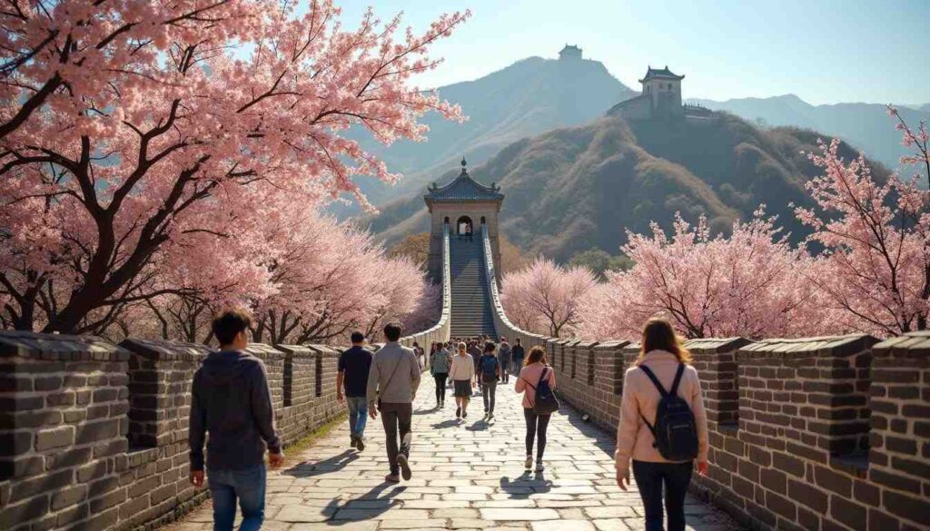 Great Wall of China in sprint time during cherry blossom