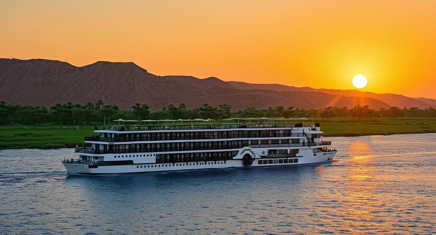 Cruising the Nile River A cruise ship sails along the Nile river on the sunset