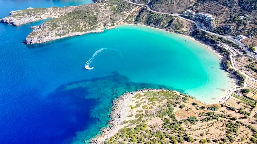 aerial shot of Agios Nikloaos Beach, Crete