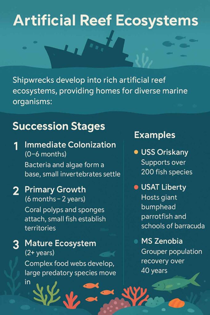 Development of reef ecosystems on the shipwrecks infographics