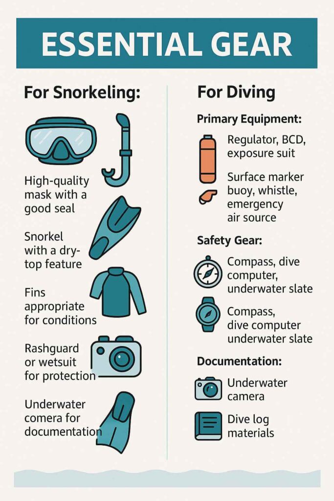 Snorkeling and diving gear infographics
