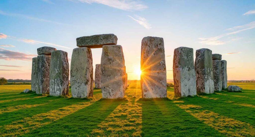 A wide angle shot of Stonehenge at sunrise