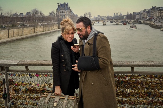 Murder Mystery 2 renewing vows at Passerelle Léopold-Sédar-Senghor, Paris