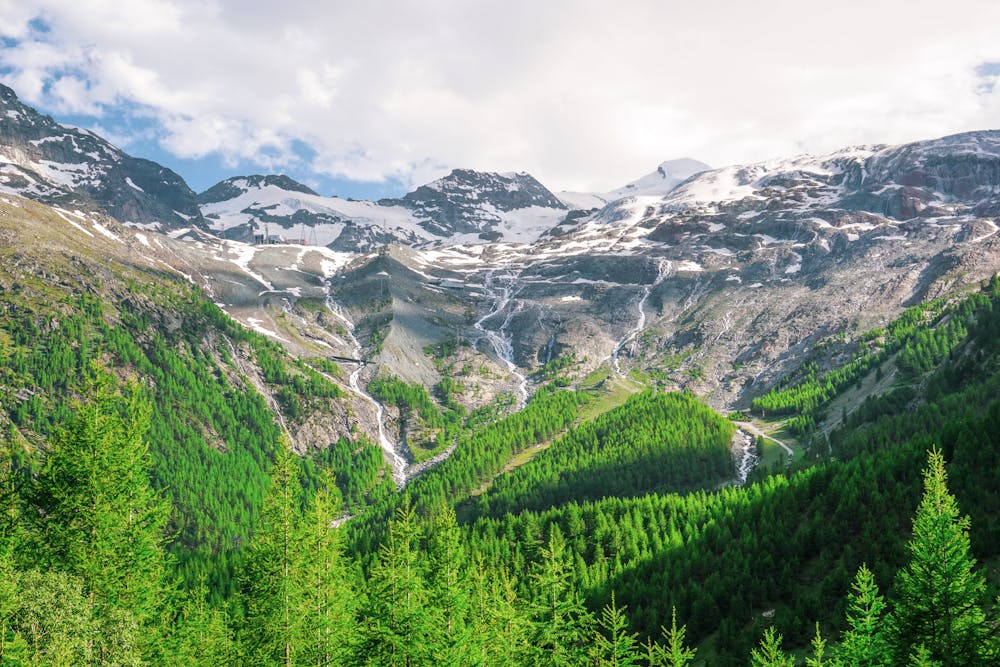 Explore the lush green valleys and snow-capped peaks of the Swiss Alps in summertime.
