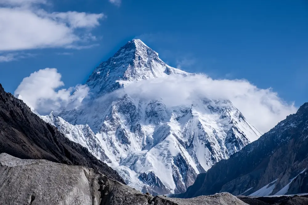snow covered K2 mountain under blue sky during daytime