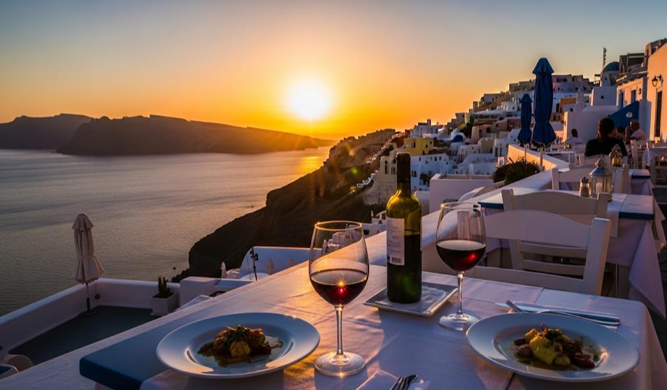 Fira cliffside dining on the sunset