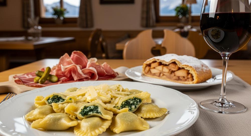 Local cuisine features speck (cured ham), casunziei (stuffed pasta), apple strudel, and wines from nearby valleys