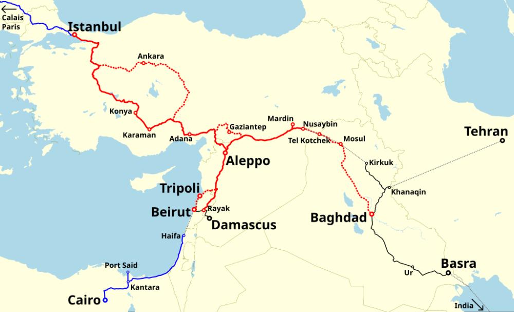1 ⁄ 2 More details (red) Route of Taurus(Toros) Express in 1930. (red dotted) Extensions and route changes. (blue) Simplon Orient-Express and Haifa-Cairo Express. (black) Narrow gauge railways. (gray dotted) Road and sea connections.
