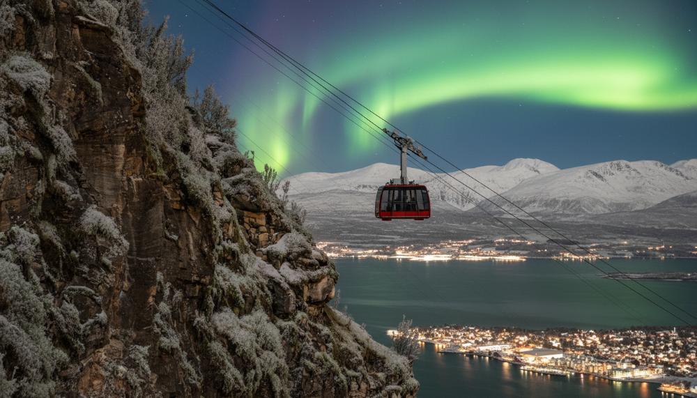 Cable car over Tromso with Northern Lights view