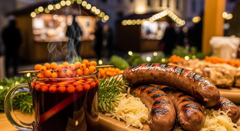 Tallinn Christmas market treats: mulled wine with seabuckthorn and wild boar sausages