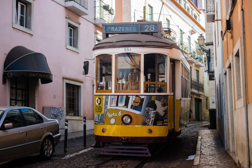 famous Lisbon old tram on a narrow street