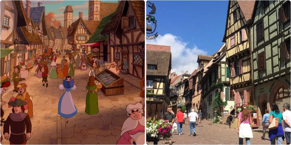 Belle's village in Beauty and the Beast (1991) was inspired by Riquewihr and Ribeauvill&eacute; villages in France