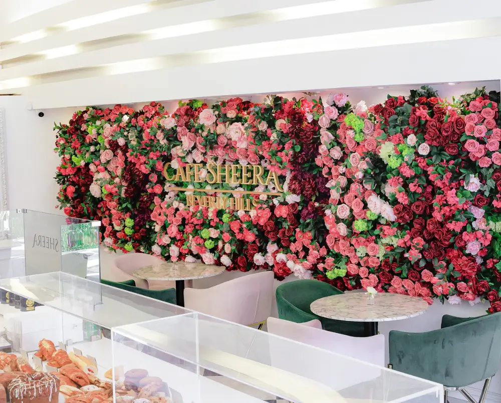 Lush Flower wall in Cafe Sheera, Beverly Hills