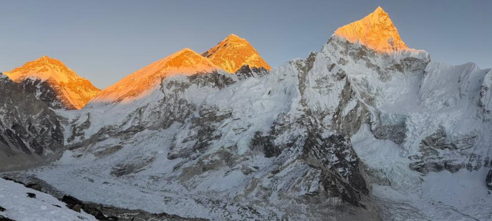 Sunrise over Nuptse and Lhotse mountains on the Everest Base Camp trek in Nepal