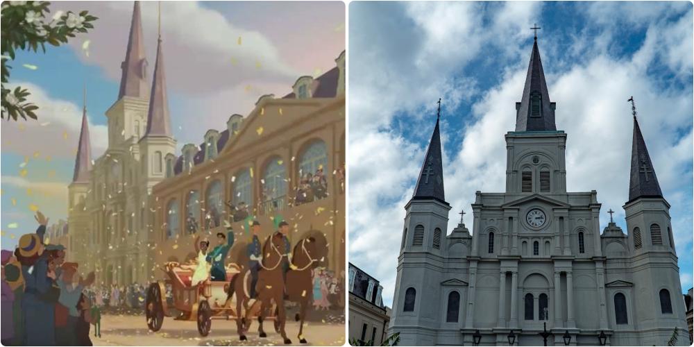 In the Princess and the Frog (2009) cartoon the wedding of Tiana and Naveen takes place near St. Louis Cathedral in New Orleans