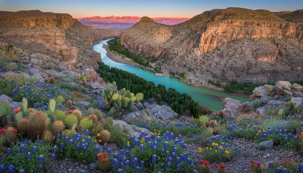 Bluebonnets and cacti bloom in Big Bend National park during spring time