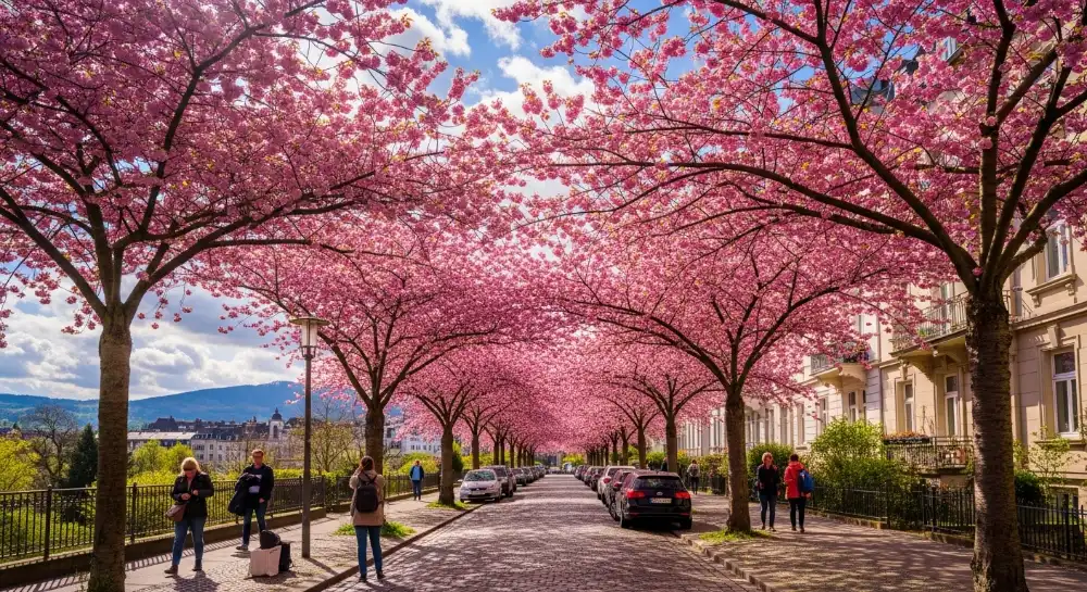 Heerstra&szlig;e neighborhood of Bonn, Germany during the cherry blossom