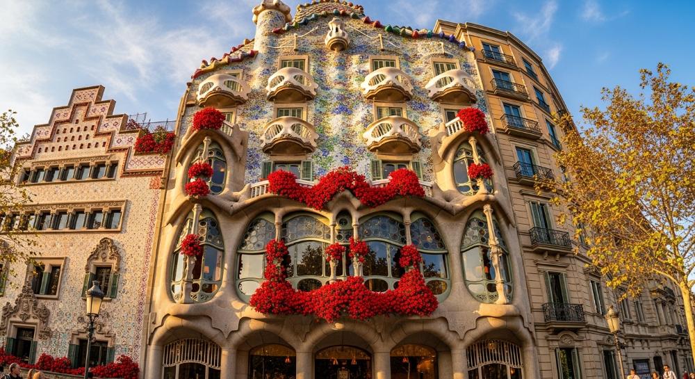 Casa Batilo in Barcelona decorated with roses for St Jordi's day
