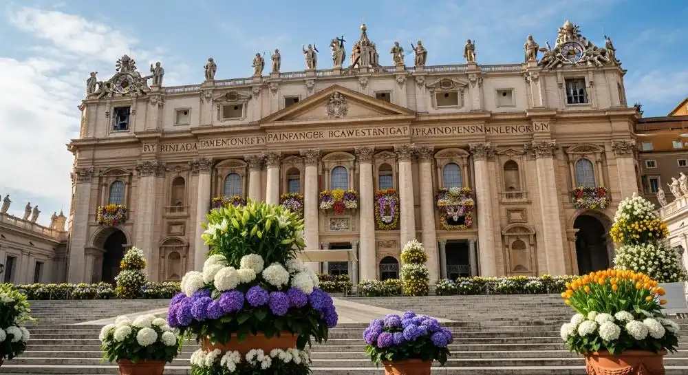 Saint Peter's Basilica in Vatican decorated with flowers for Easter Sunday