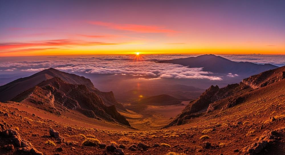 a sunrise from the summit of Haleakalā, a massive volcano located on the island of Maui in Hawaii.