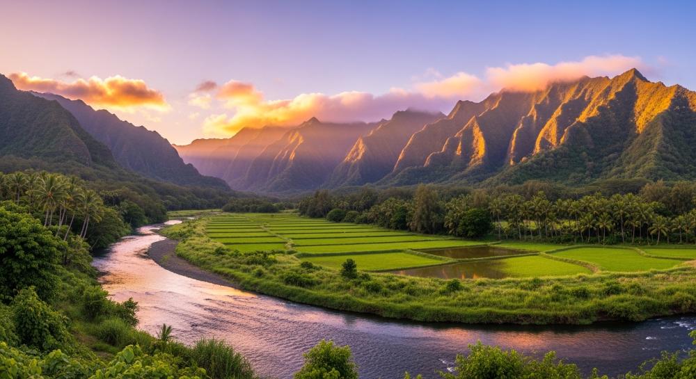 Hanalei Valley on the island of Kauai, Hawaii, specifically viewed from the Hanalei Valley Lookout along the Kuhio Highway