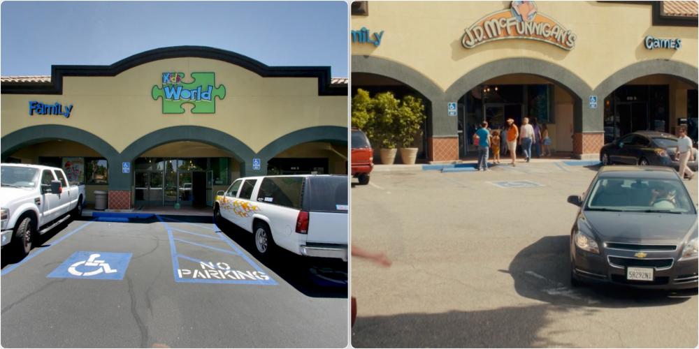 The entrance and parking lot of KIds World LA aka JD McFunningans from Just Go With It