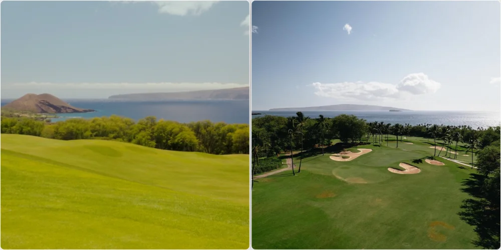 The Gold Course is built on the highest elevation of the 3 Wailea courses, which provides that exact "money shot" angle looking down over the ocean that the production team used for the wide panoramic shots.