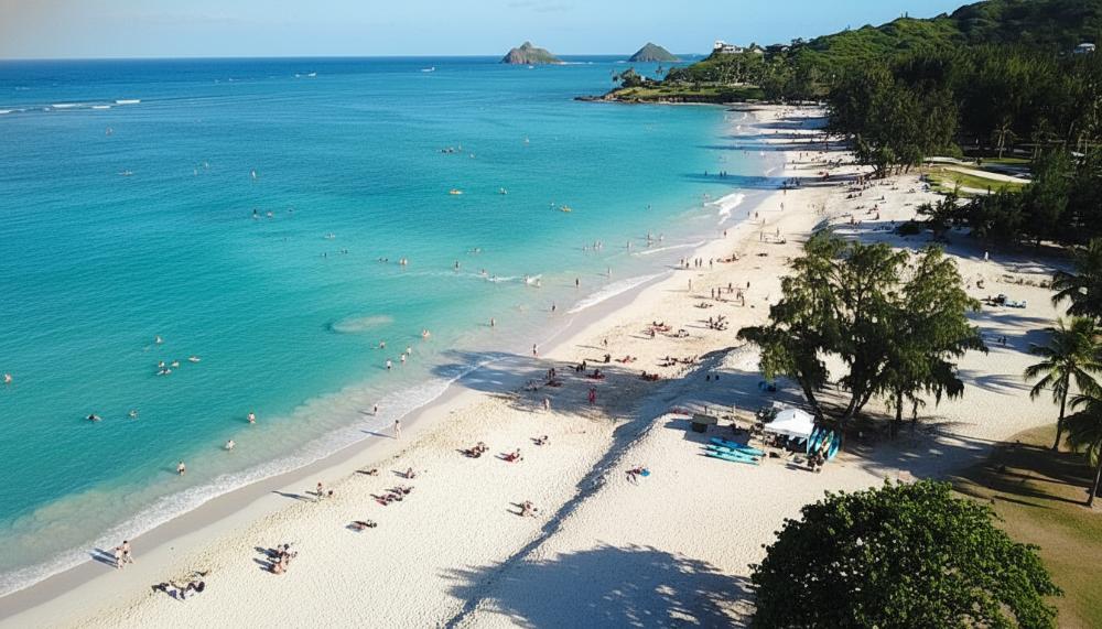 Aerial Shot of Kailua Beach Park on the windward coast of Oahu, Hawaii