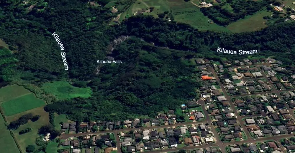 Killauea Falls are sitring on the Kilauea stream also featured in Just Go With when the group is kayaking in a dense jungle right next to Kialuea town