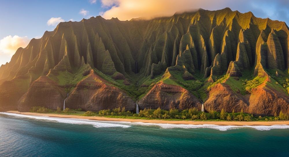 This image depicts the Nā Pali Coast on the island of Kauai in Hawaii. It is a rugged coastline known for towering green sea cliffs, or pali, that drop directly into the Pacific Ocean.