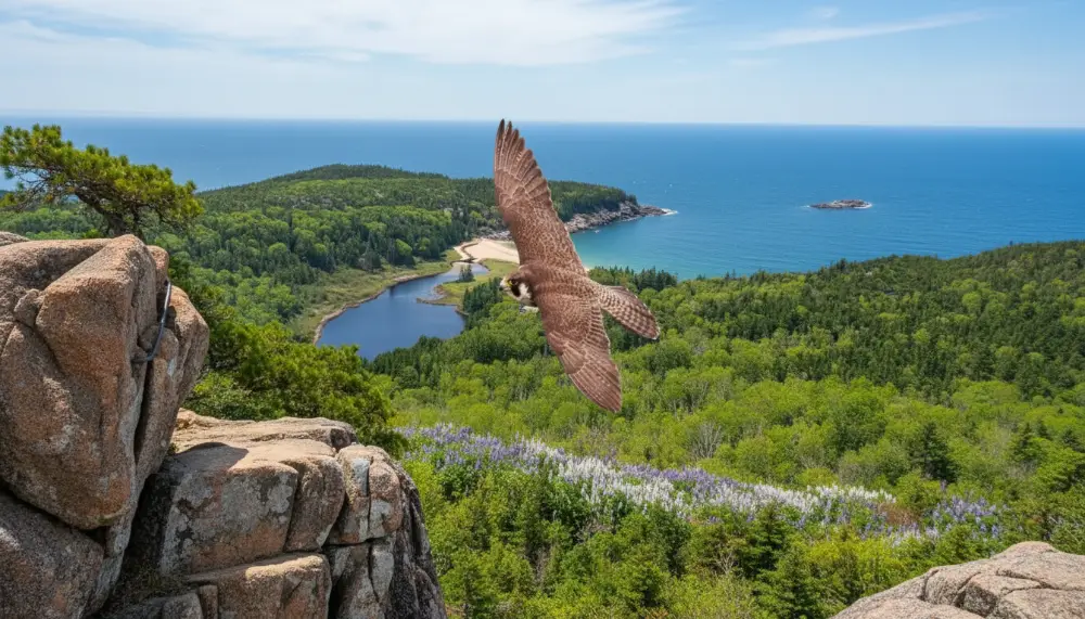 Peregrine falcon soaring over Acadia National Park