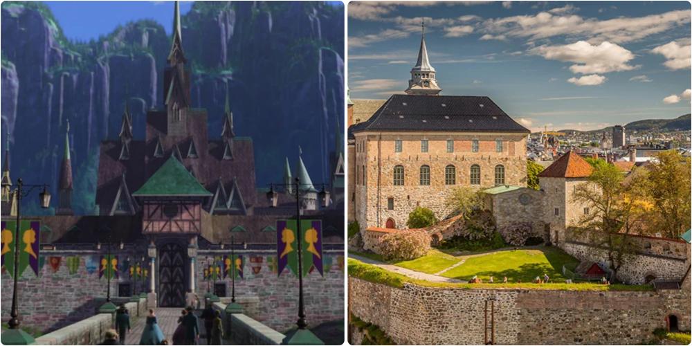 Arendelle Castle blends medieval Norwegian Akershus fortress walls with traditional stave church architecture.