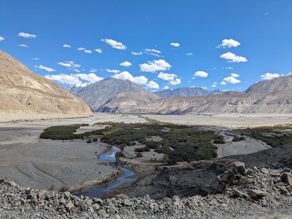 A breathtaking view of the Wakhan Corridor landscape with mountains, valleys, and a winding river.