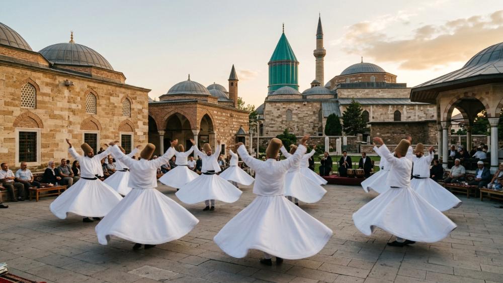 Whirling Dervishes performing the Sema ceremony in the courtyard of the Mevlana Museum in Konya, Turkey.