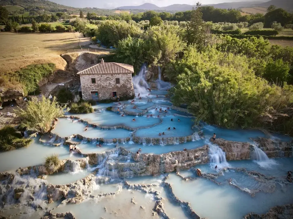 an aerial view of a hot springs at Saturnia, Italy