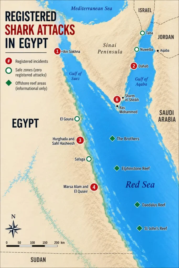 Registered Shark Attacks in Egypt, locations and numbers